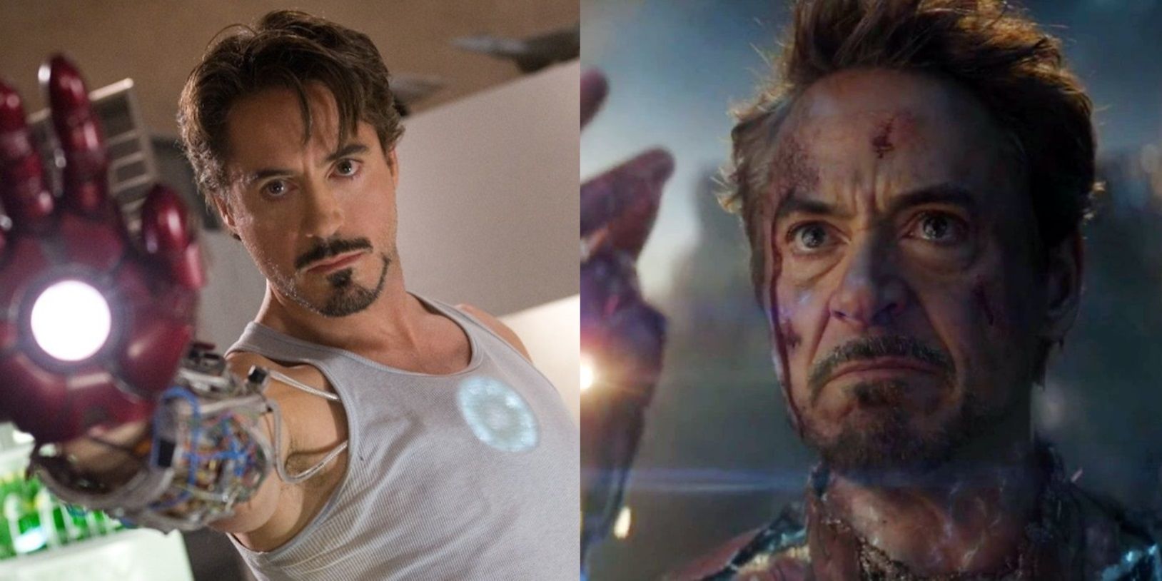 Split image of Tony Stark in his lab in Iron Man and snapping his fingers in Avengers Endgame