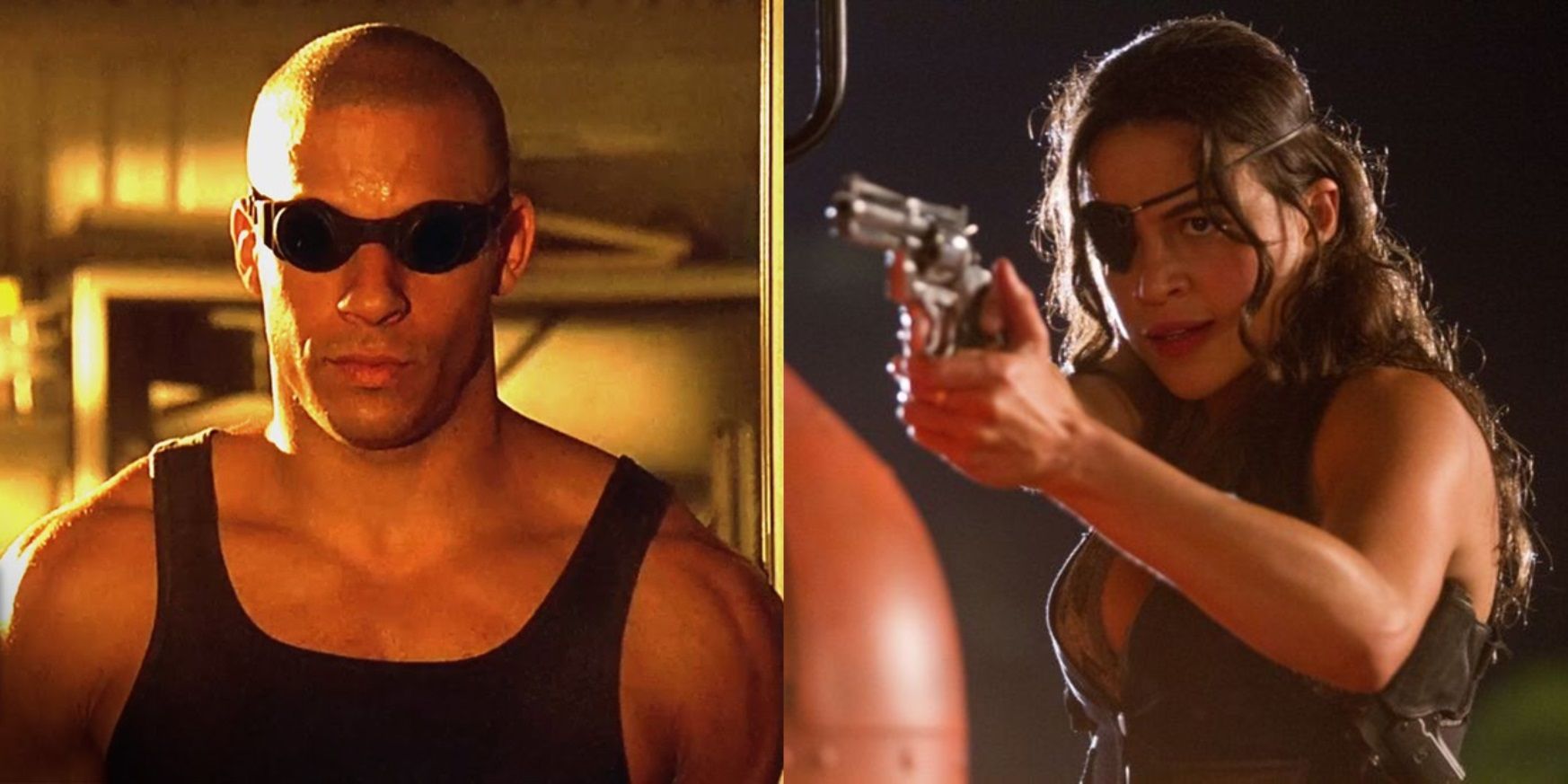 Split image of Vin Diesel in Pitch Black and Michelle Rodriguez in Machete