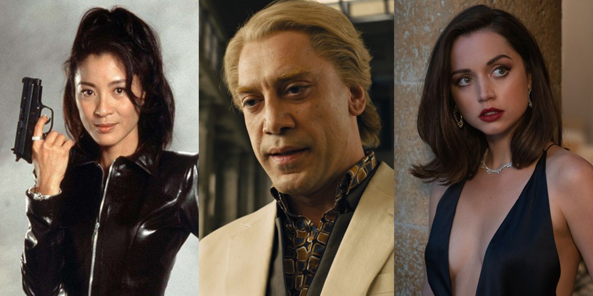 Split image of Wai Lin in Tomorrow Never Dies, Silva in Skyfall, and Paloma in No Time to Die