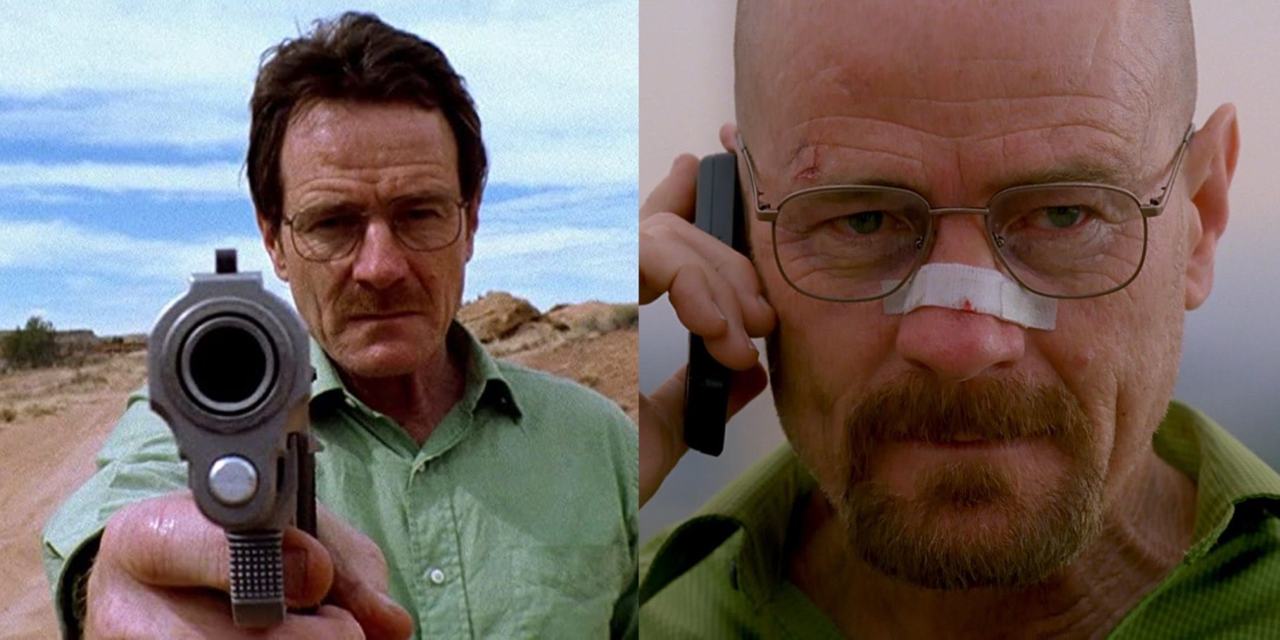 Split image of Walt holding a gun and speaking on the phone in Breaking Bad