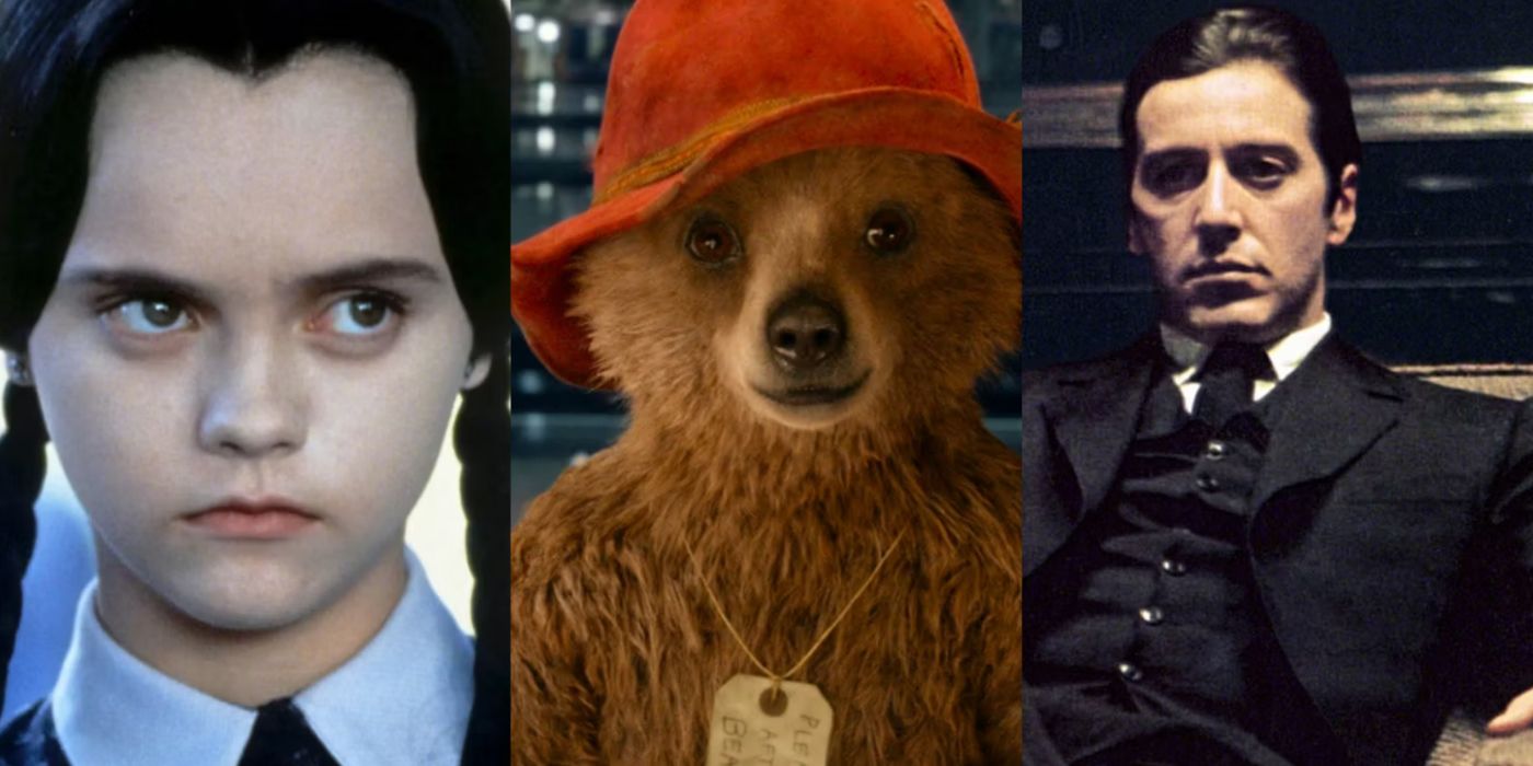 Split image of Wednesday in Addams Family Values, Paddington in Paddington 2, and Michael in The Godfather Part II