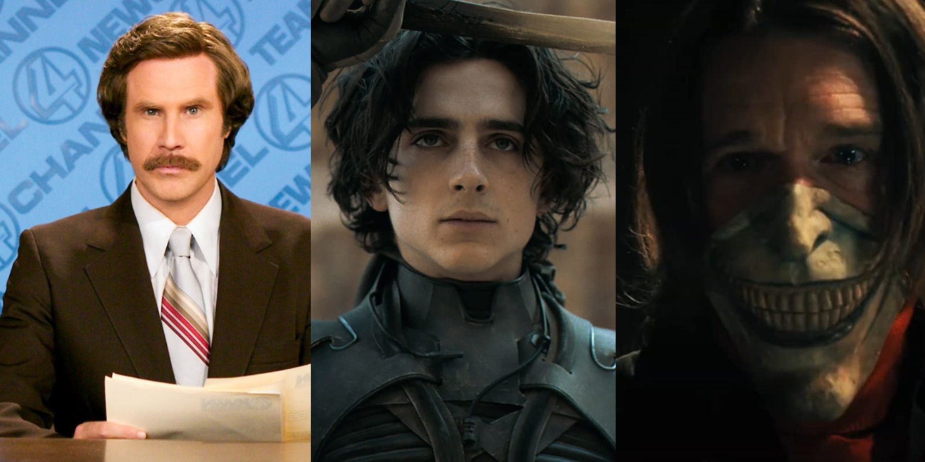 Split image of Will Ferrell in Anchorman, Timothee Chalamet in Dune, and Ethan Hawke in The Black Phone