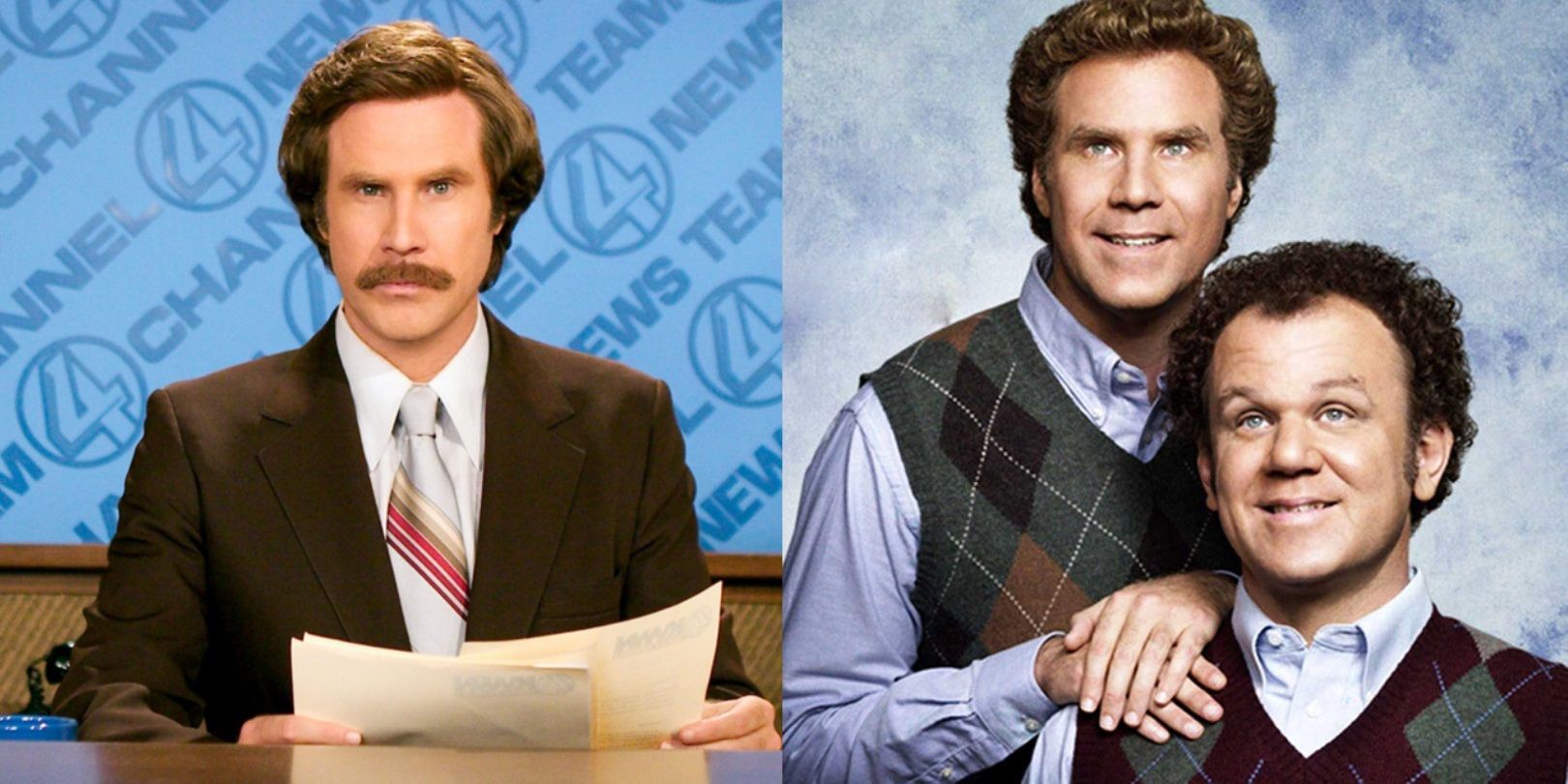 Split image of Will Ferrell in Anchorman and the poster for Step Brothers