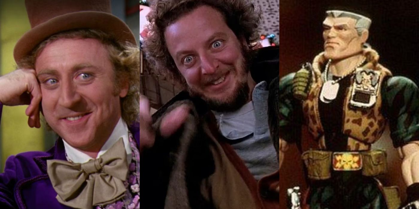Split image of Willy Wonka in Willy Wonka and the Chocolate Factory, The Wet Bandits in Home Alone, and Chip Hazard in Small Soldiers