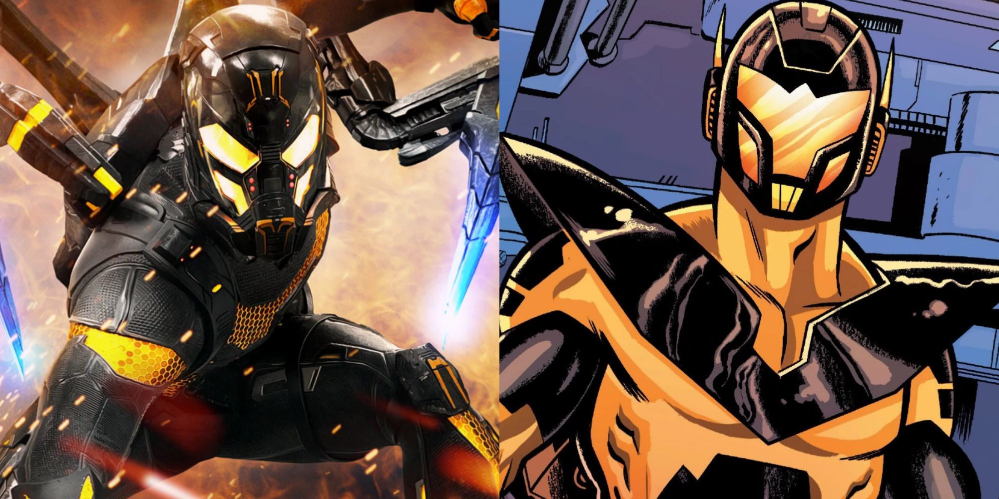Split image of Yellowjacket in Ant-Man (2015) and the Astonishing Ant-Man comics