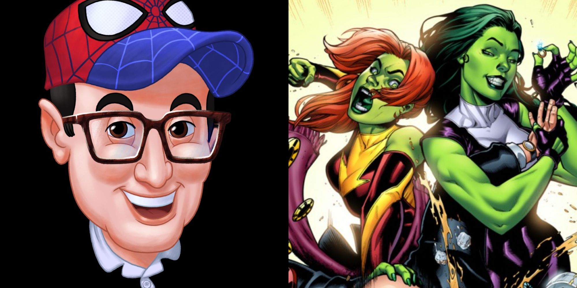 Split image of an animated Harrison Wilcox and his version of She-Hulk with Lyra