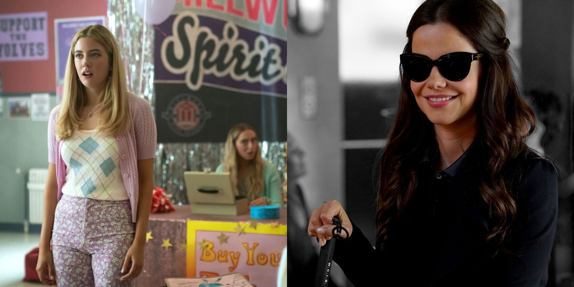 Split image of mean girl Kelly from PLL Original Sin and Mona from the original PLLs