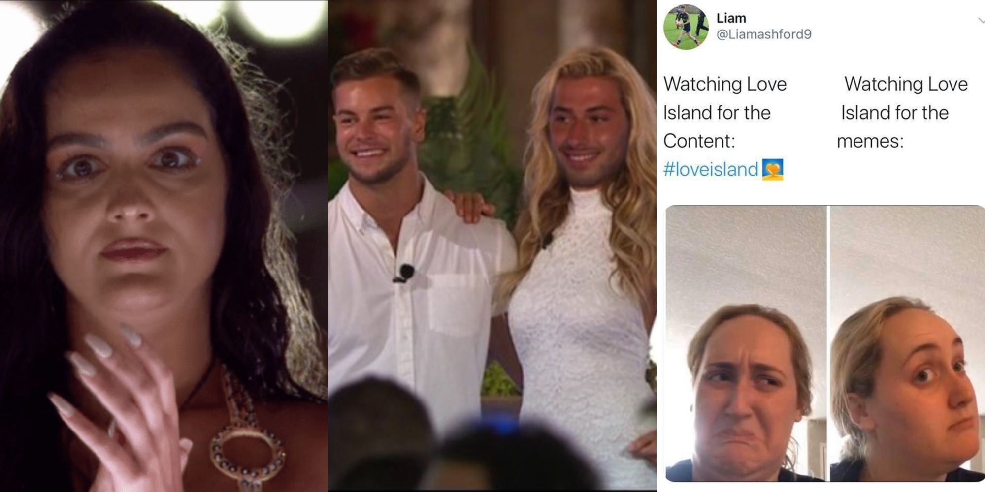 Split image of memes from about Love Island UK