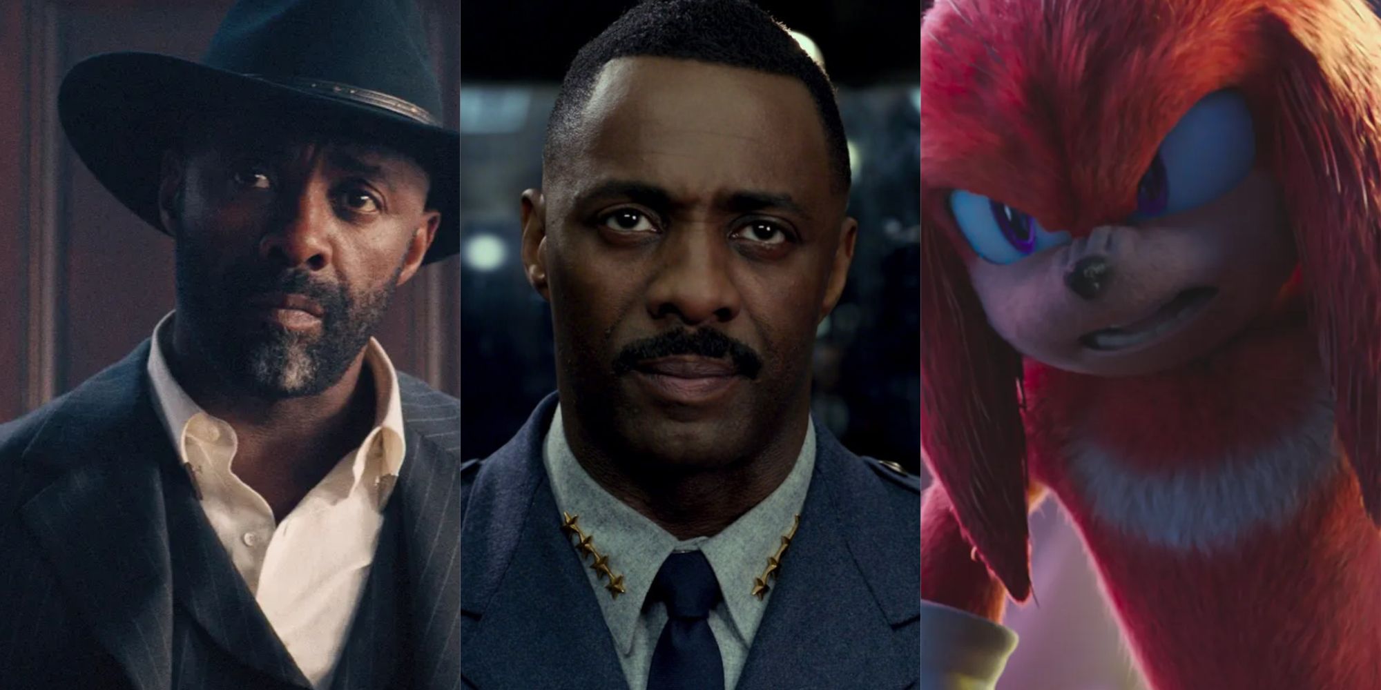 Split image of the Idris Elba characters from The Harder They Fall, Pacific Rim and Sonic the Hedgehog 2