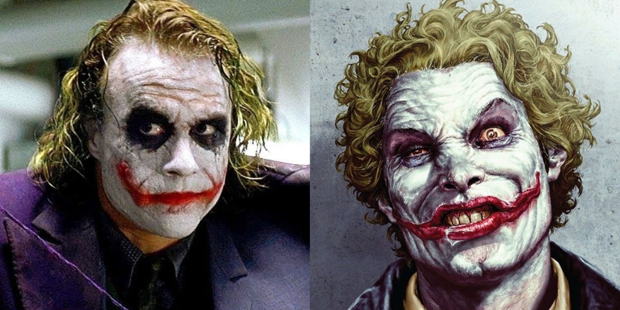 Split image of the Joker in The Dark Knight (2008) and Brian Azzarello&rsquo;s Joker