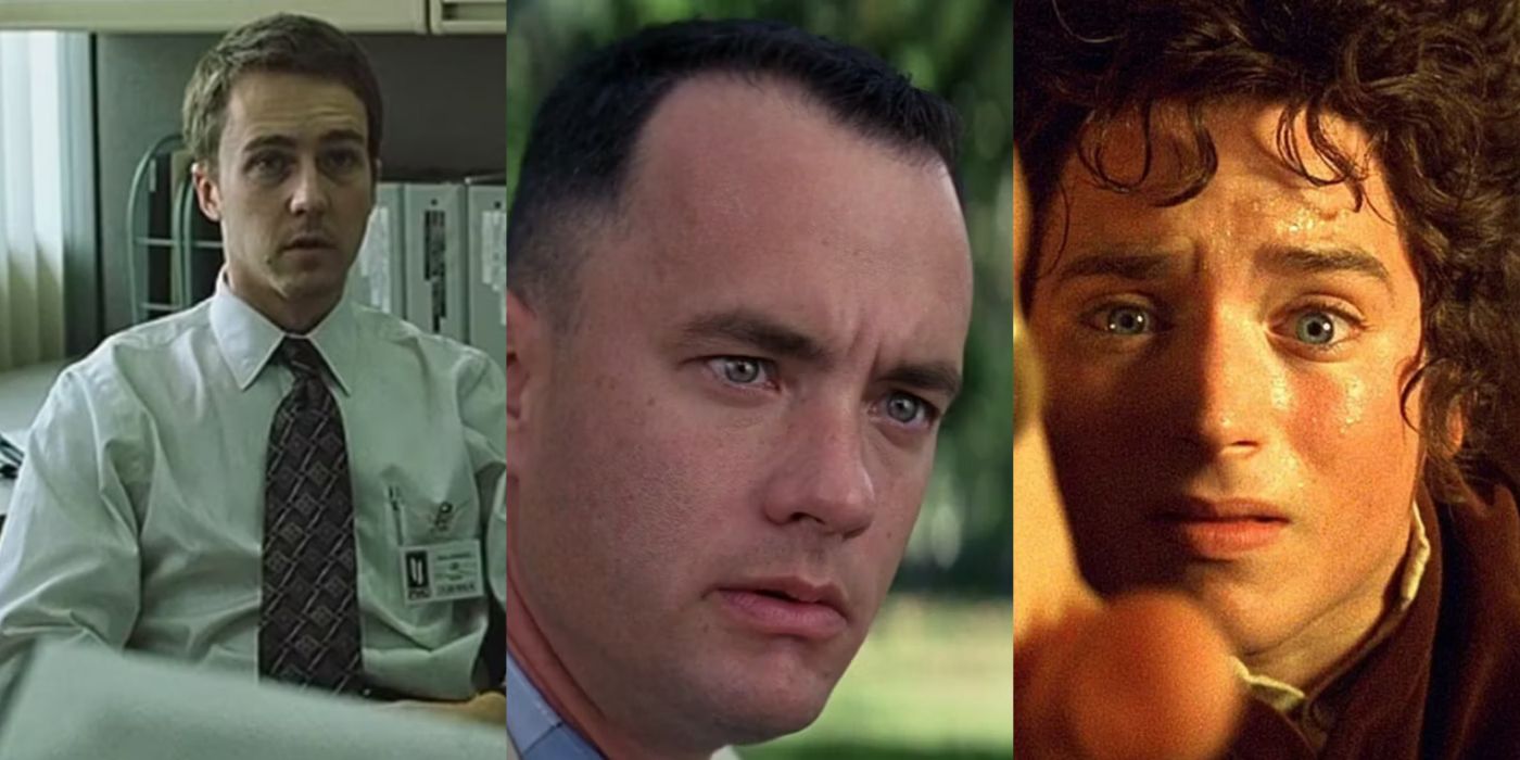 Split image of the Narrator in Fight Club, Forrest Gump, and Frodo in The Fellowship of the Ring