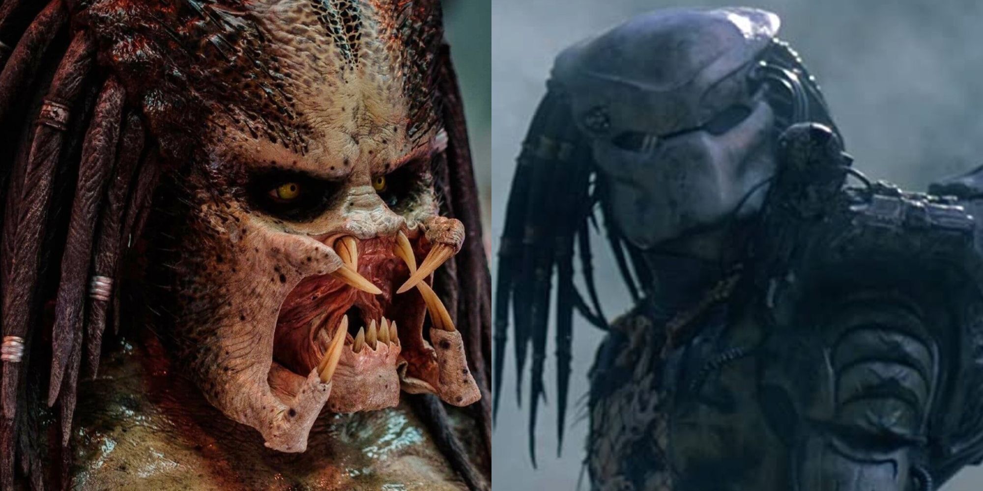 Split image of the Predator with and without its mask on