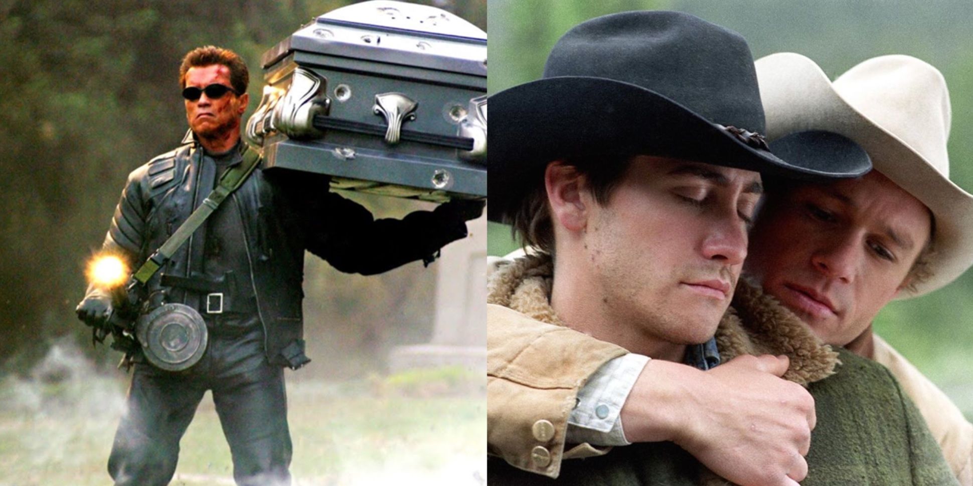 Split image of the T-800 carrying Sarah's coffin in Terminator 3 and Jack and Ennis in Brokeback Mountain