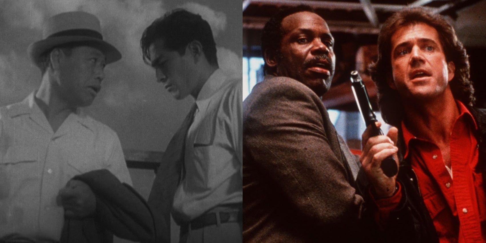 Split image of the buddy cop duos in Stray Dog and Lethal Weapon