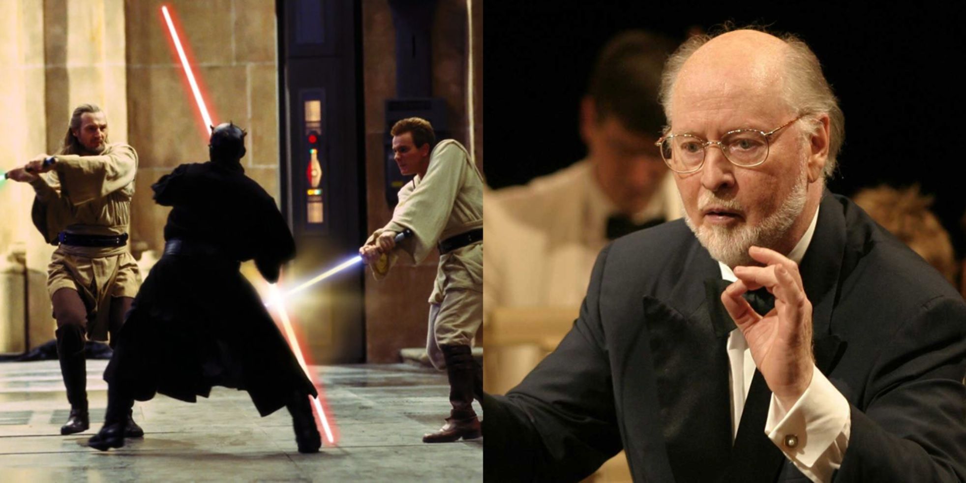 Split image of the climactic duel in The Phantom Menace and John Williams conducting an orchestra.