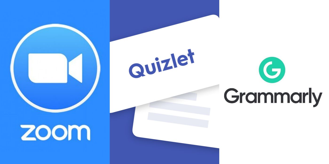 Split image of the logo for Zoom, Quizlet, Grammarly