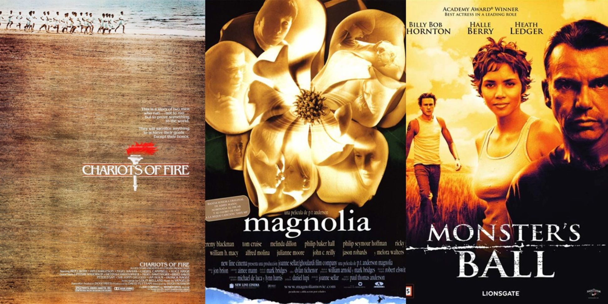 Split image of the posters for Chariots of Fire, Magnolia, and Monster's Ball