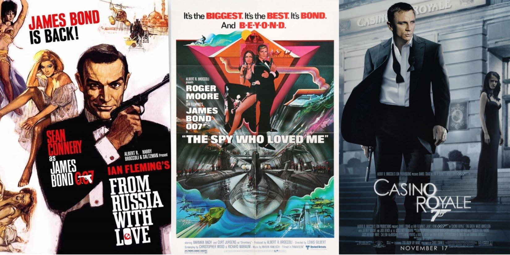 Split image of the posters for From Russia with Love, The Spy Who Loved Me, and Casino Royale