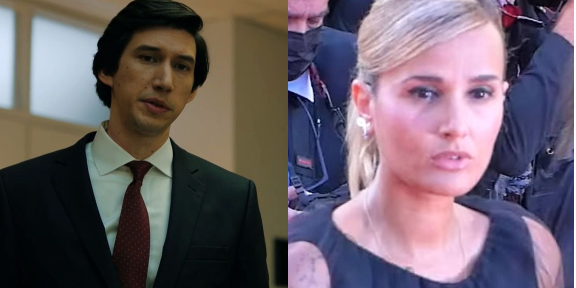 Split images of Adam Driver talking in The Report and Julia Ducournau at an event