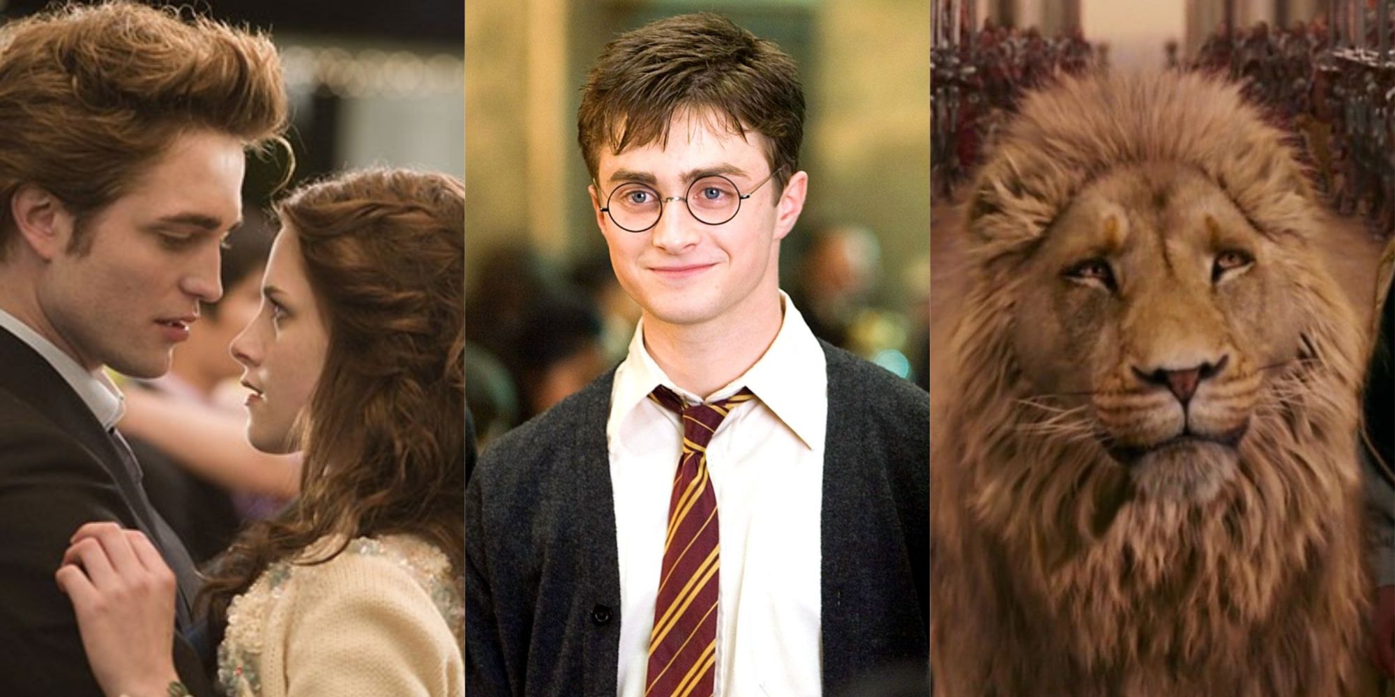 Split images of Bella and Edward in Twilight, Aslan in Harry Potter and Narnia
