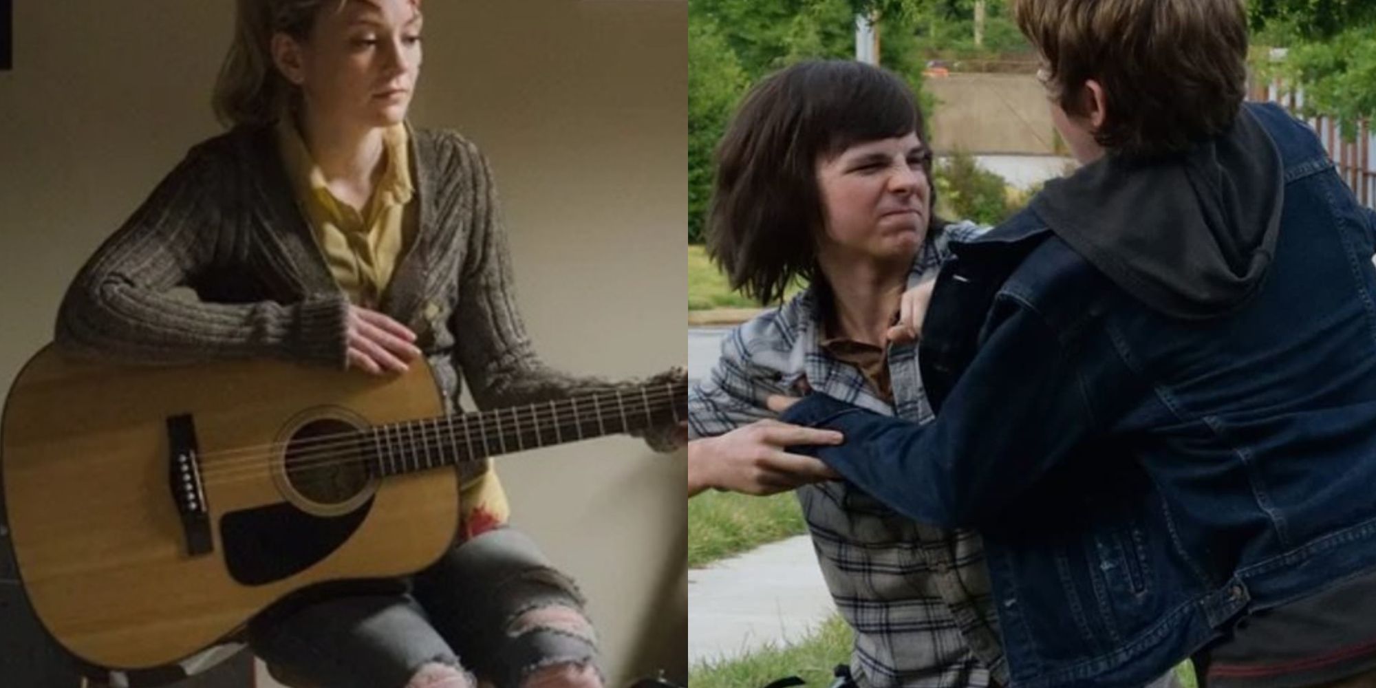 Split images of Beth playing the guitar and Ron and Carl fighting in The Walking Dead