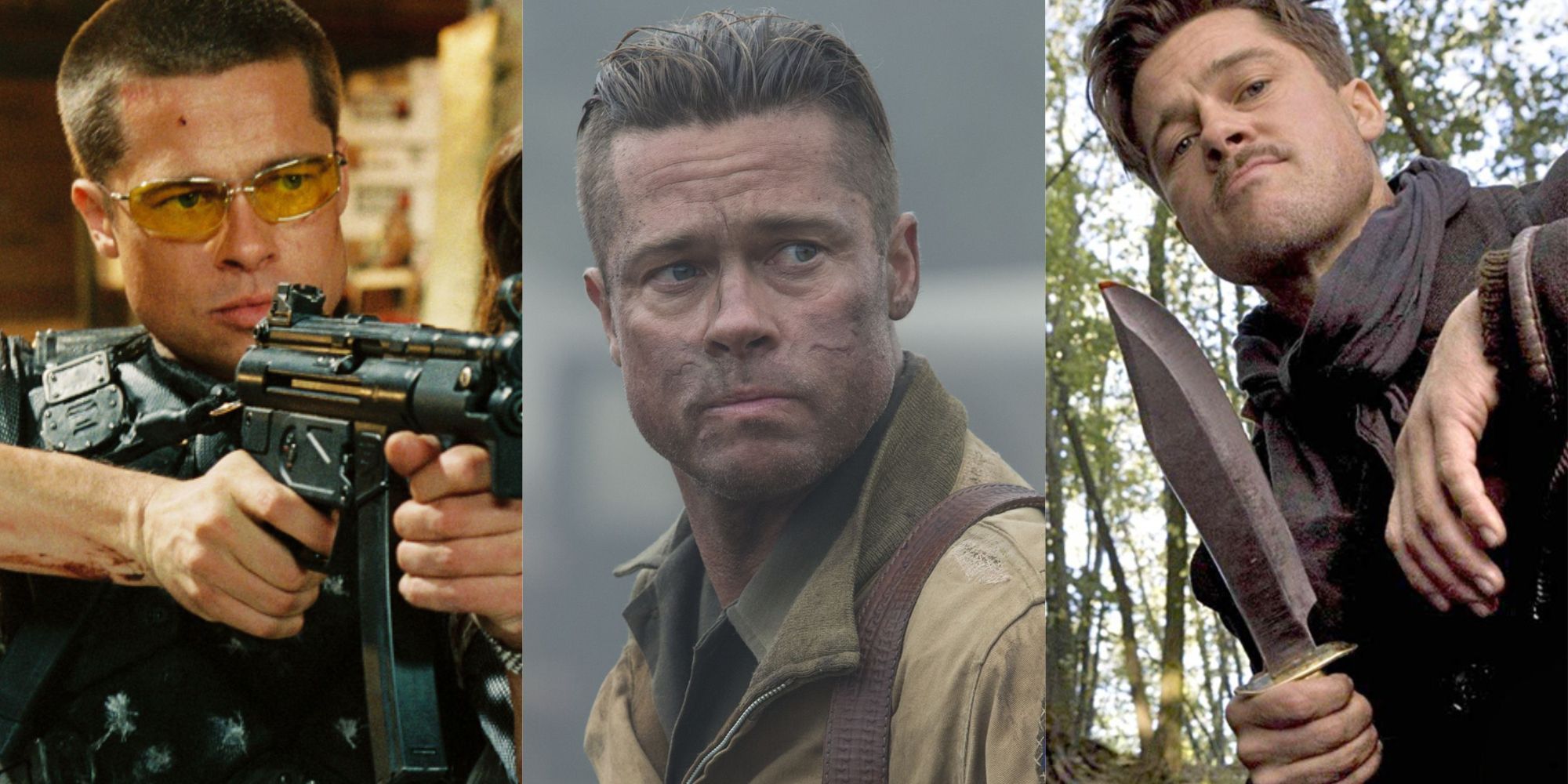 Split images of Brad Pitt in Mr and Mrs Smith, Fury, and Inglourious Basterds