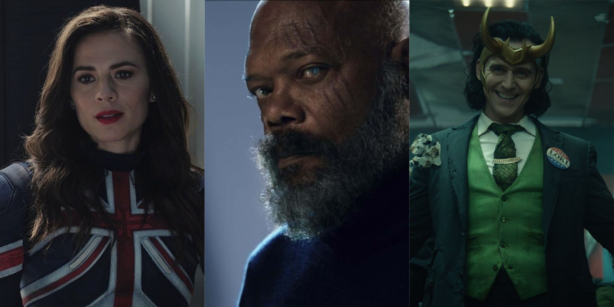Split images of Captain Carter, Nick Fury, and Loki in the MCU