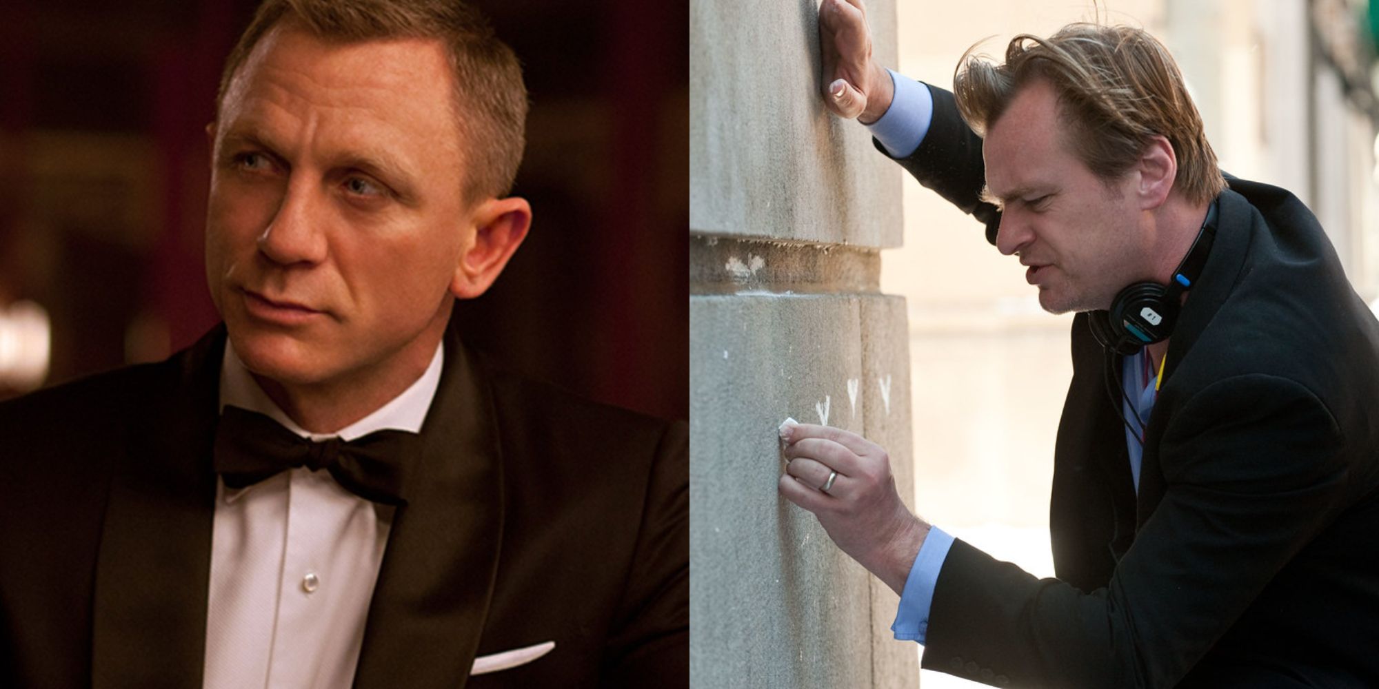 Split images of Daniel Craig wearing a suit in Casino Royale and Christopher Nolan on the set of The Dark Knight RIses