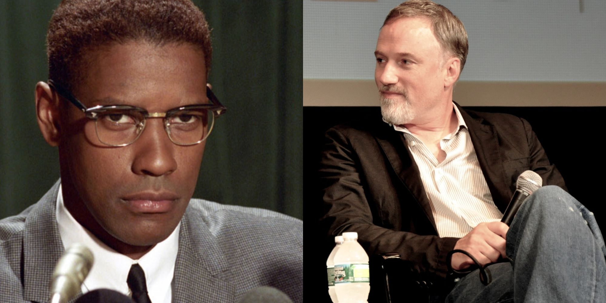 Split images of Denzel Washington wearing glasses in Malcolm X and David Fincher at PaleyFest