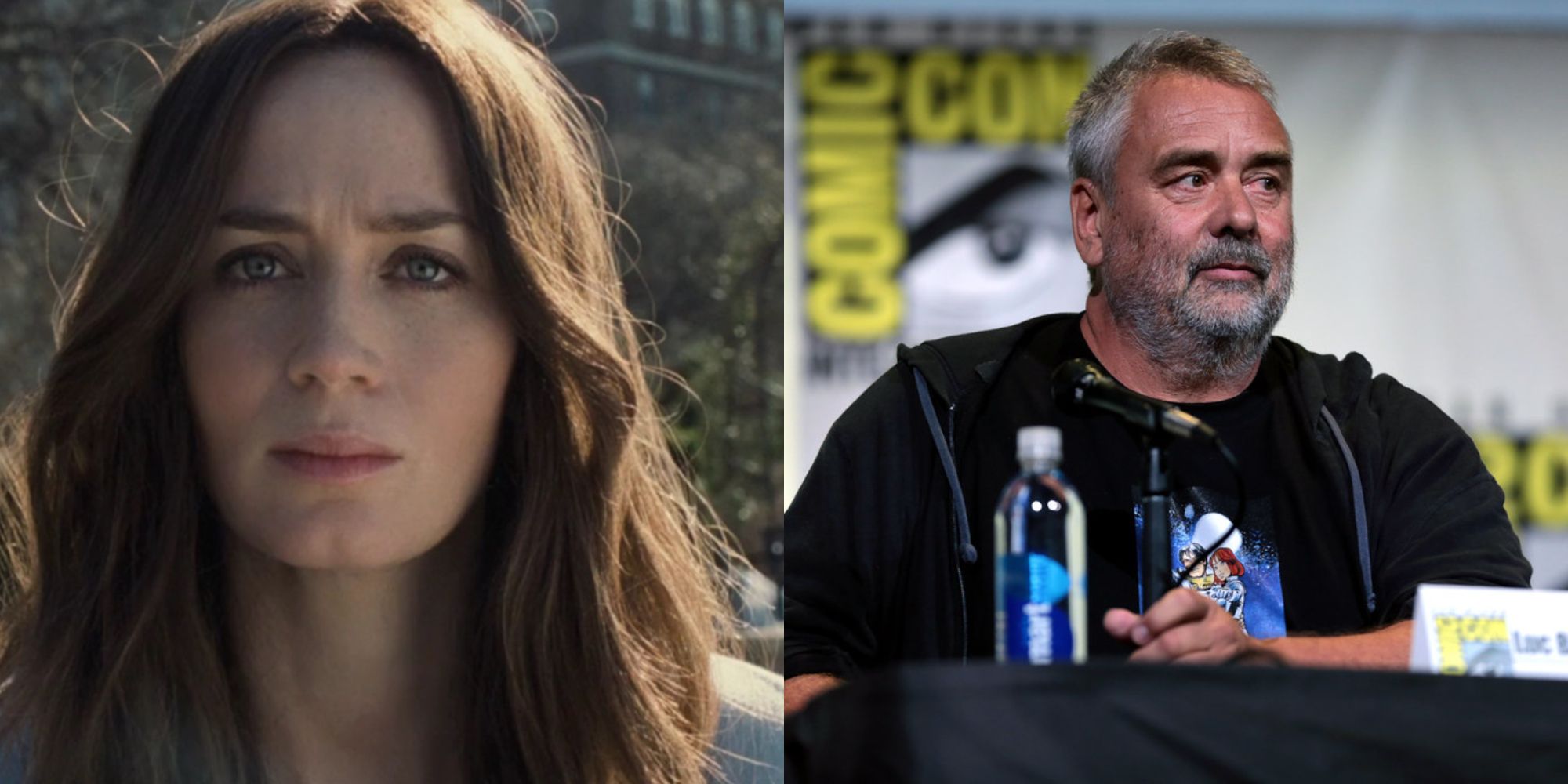 Split images of Emily Blunt looking grim in The Girl on the Train and Luc Besson at Comic Con