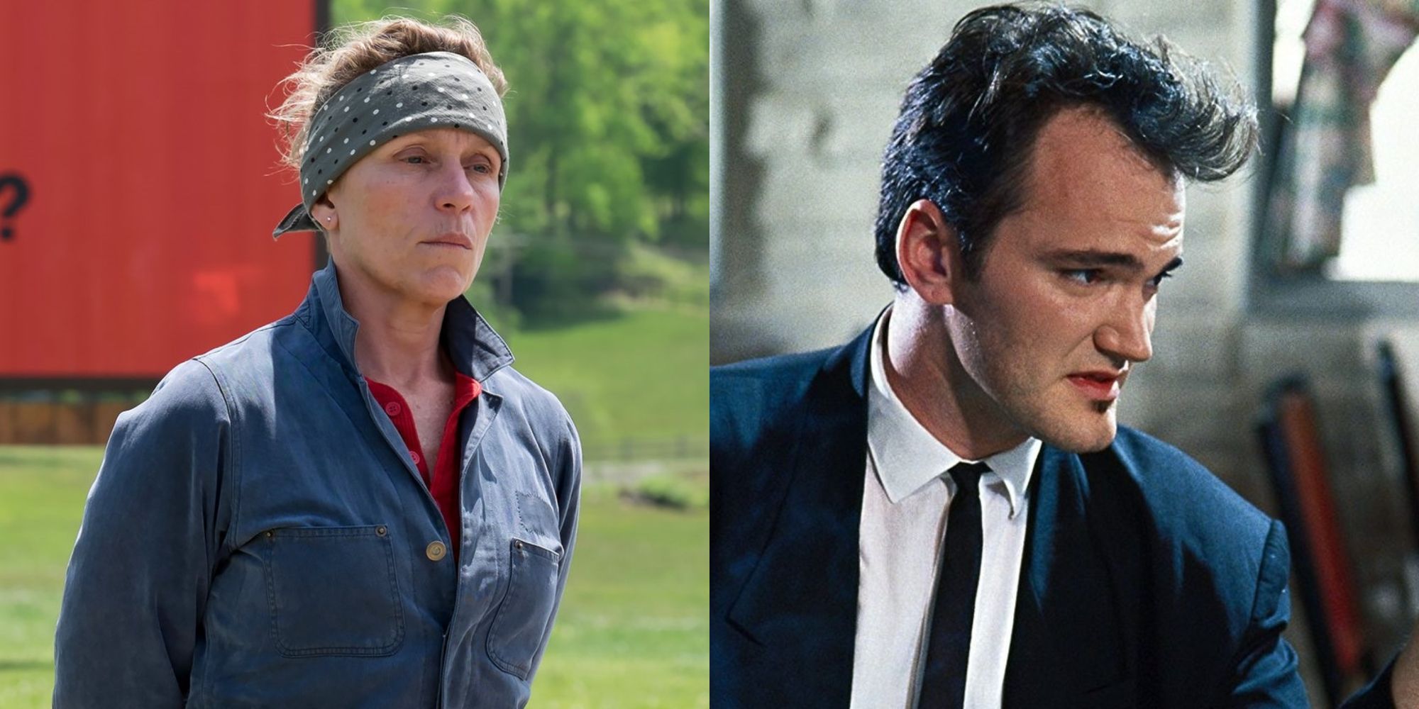 Split images of Frances McDormand in Three Billboards Outside Ebing, Missouri and Quentin Tarantino in Reservoir Dogs