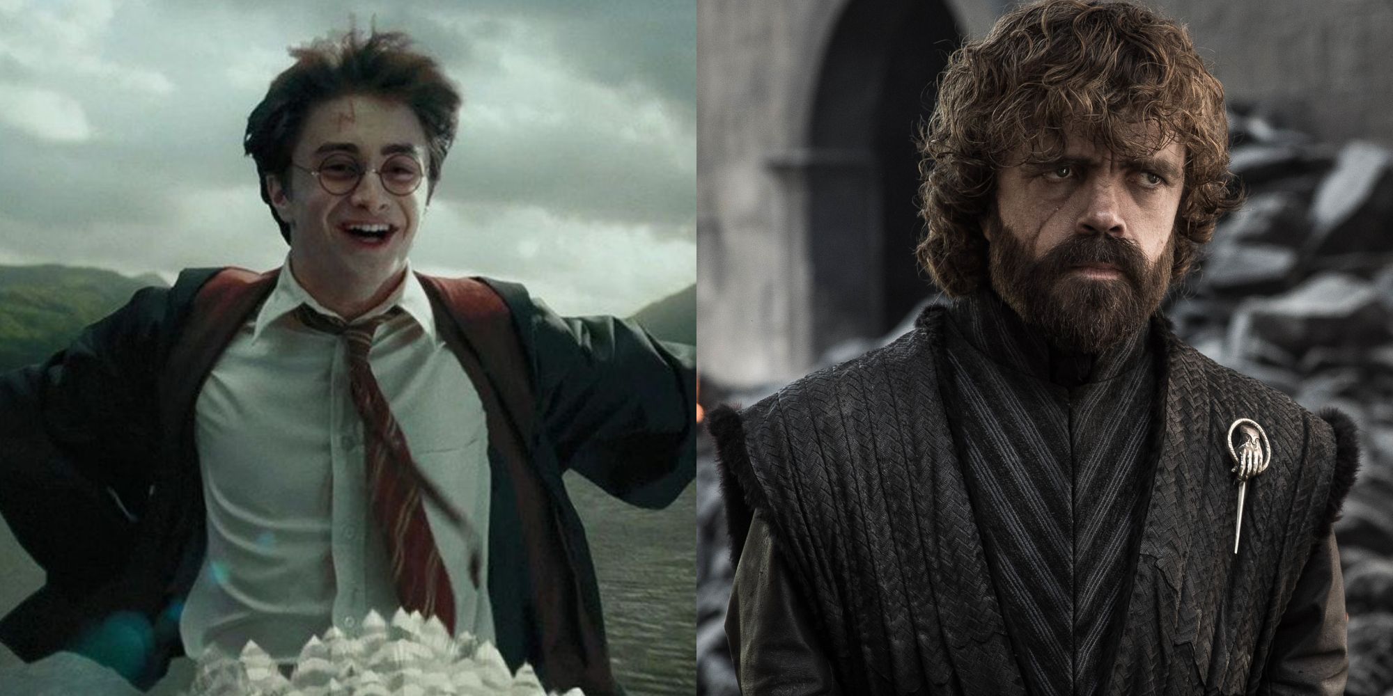 Split images of Harry Potter on Buckbeak and Tyrion Lannister amidst rubble in Game of Thrones