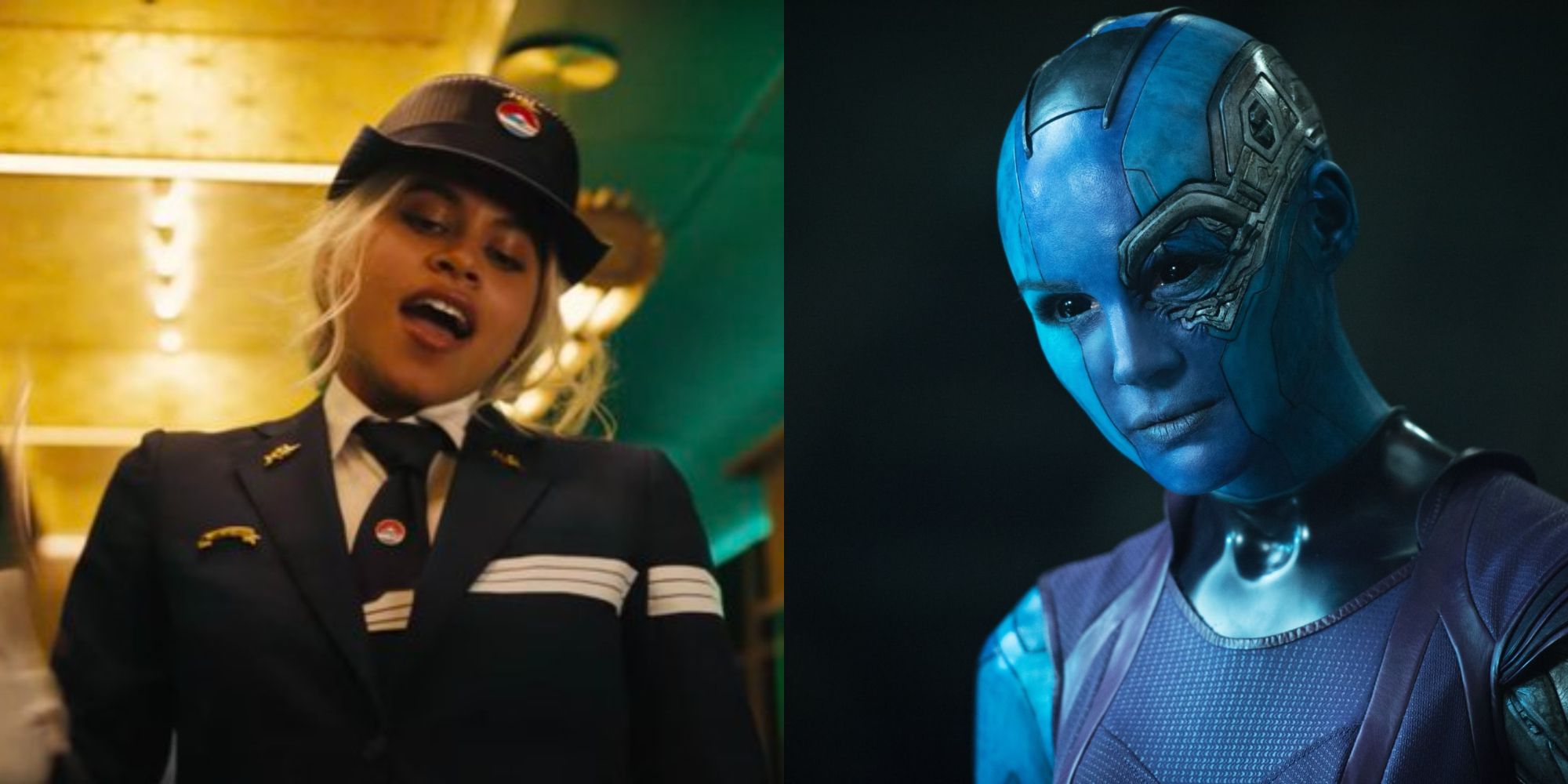 Split images of Hornet laughing in Bullet Train and Nebula smiling in Guardians of the Galaxy