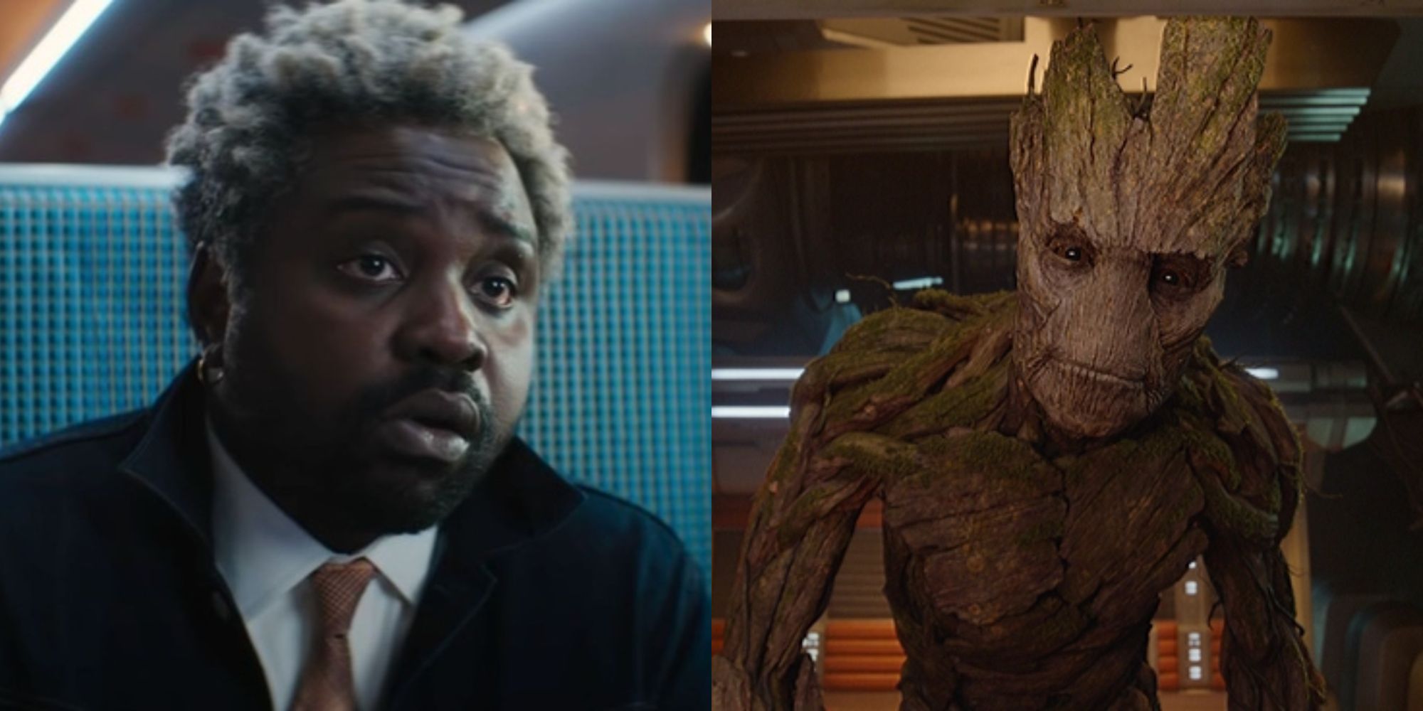 Split images of Lemon looking confused in Bullet Train and Groot looking confused in Guardians of the Galaxy