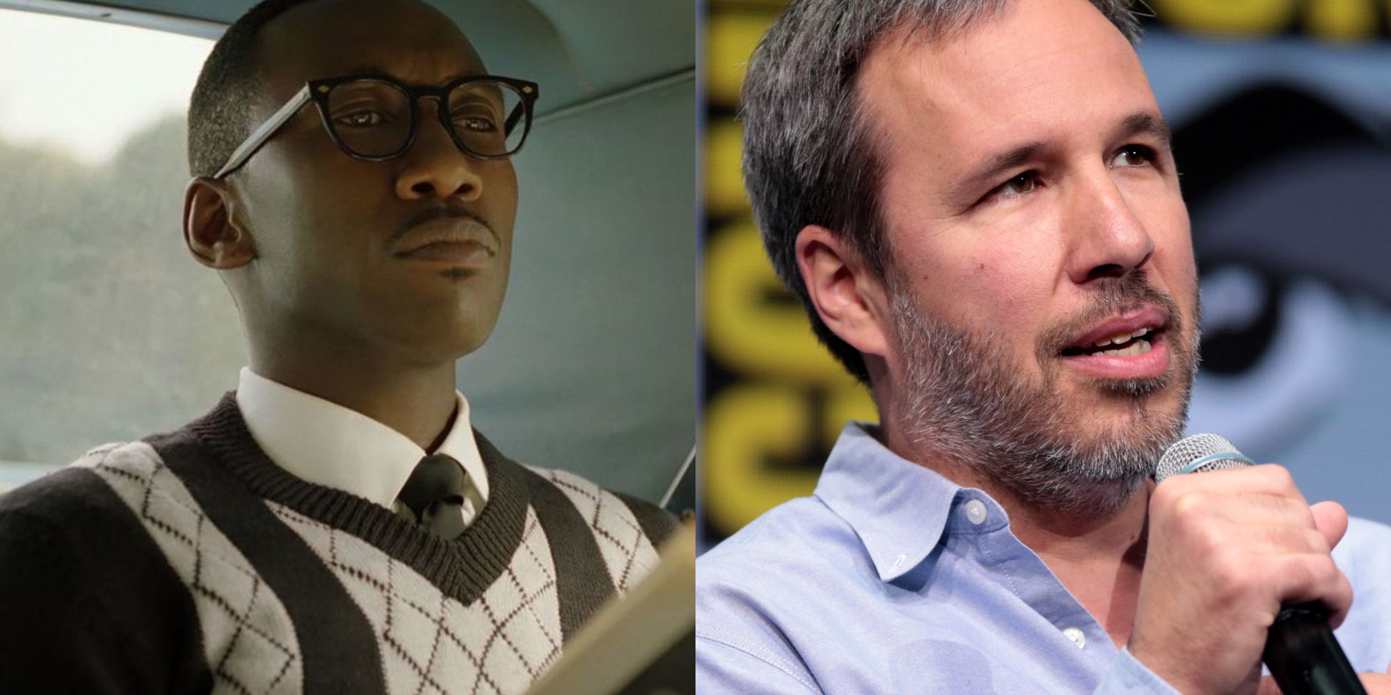 Split images of Mahershala Ali in a car in Green Book and Denis Villeneuve talking at Comic con
