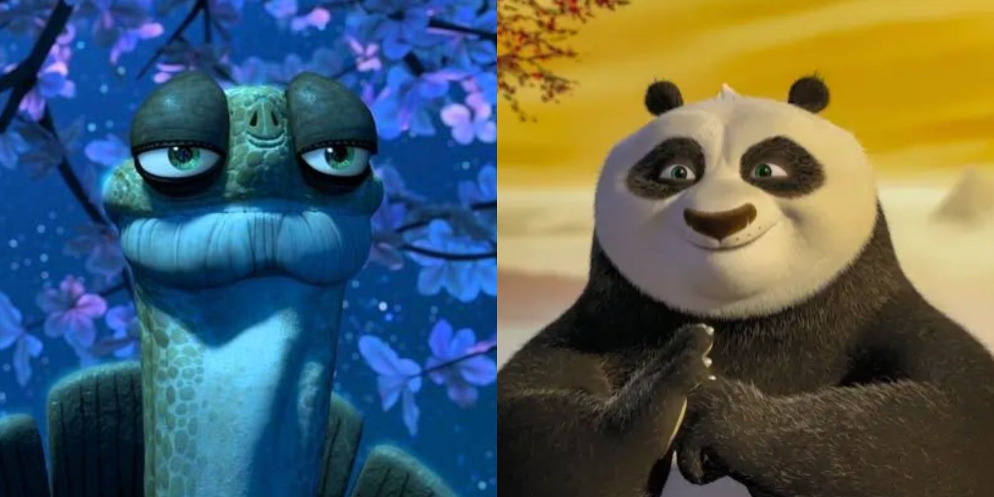 Split images of Master Oogway and Po smiling in Kung Fu Panda
