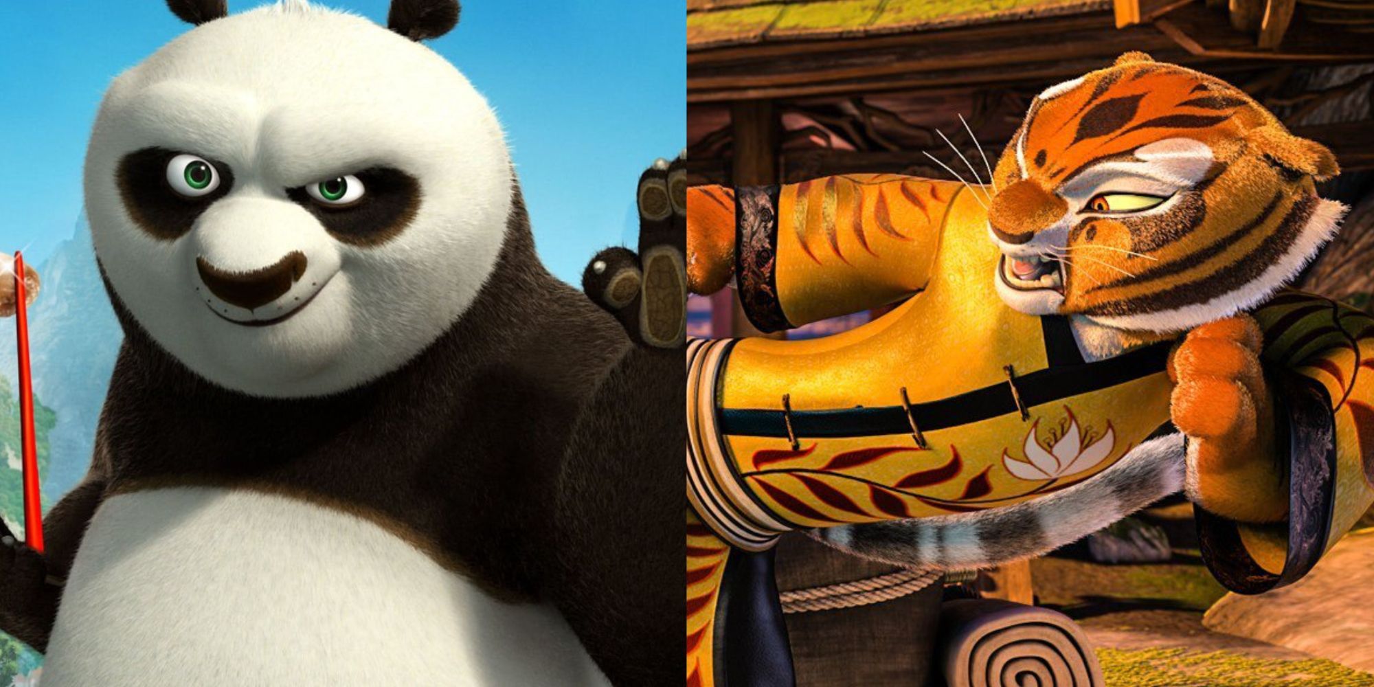 Split images of Po and Tigress fighting in Kung Fu Panda