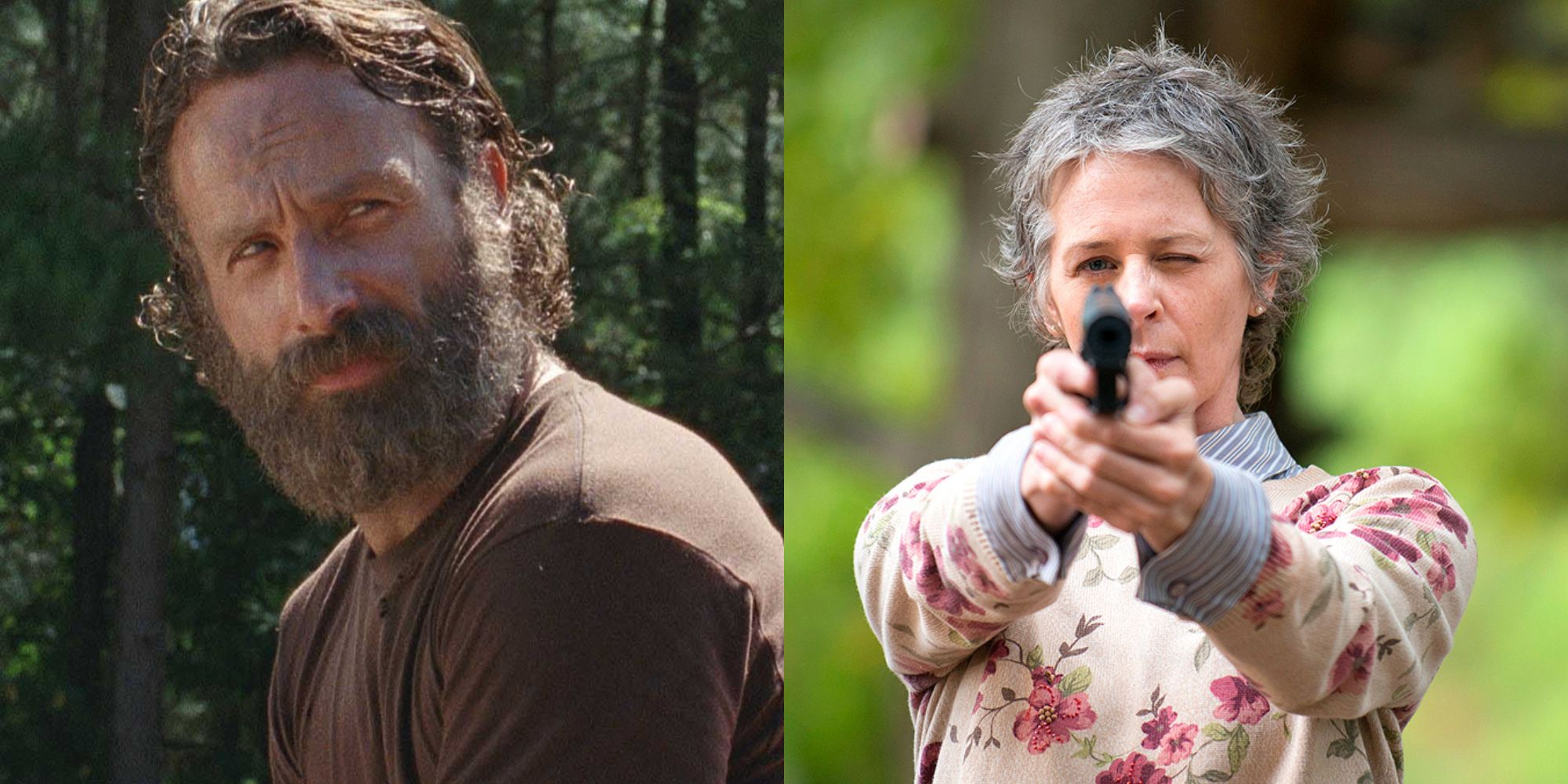 Split images of Rick Grimes looking to his left and Carol Peletier with a gun in The Walking Dead