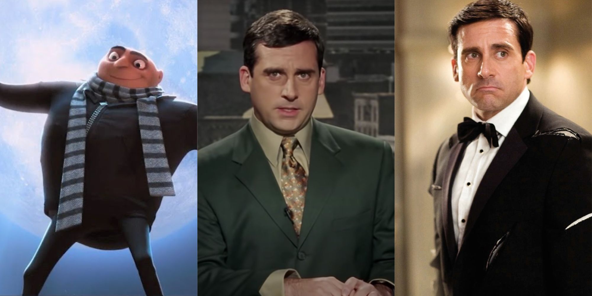 Split images of Steve Carell in Despicable Me, Bruce Almighty, and Get Smart