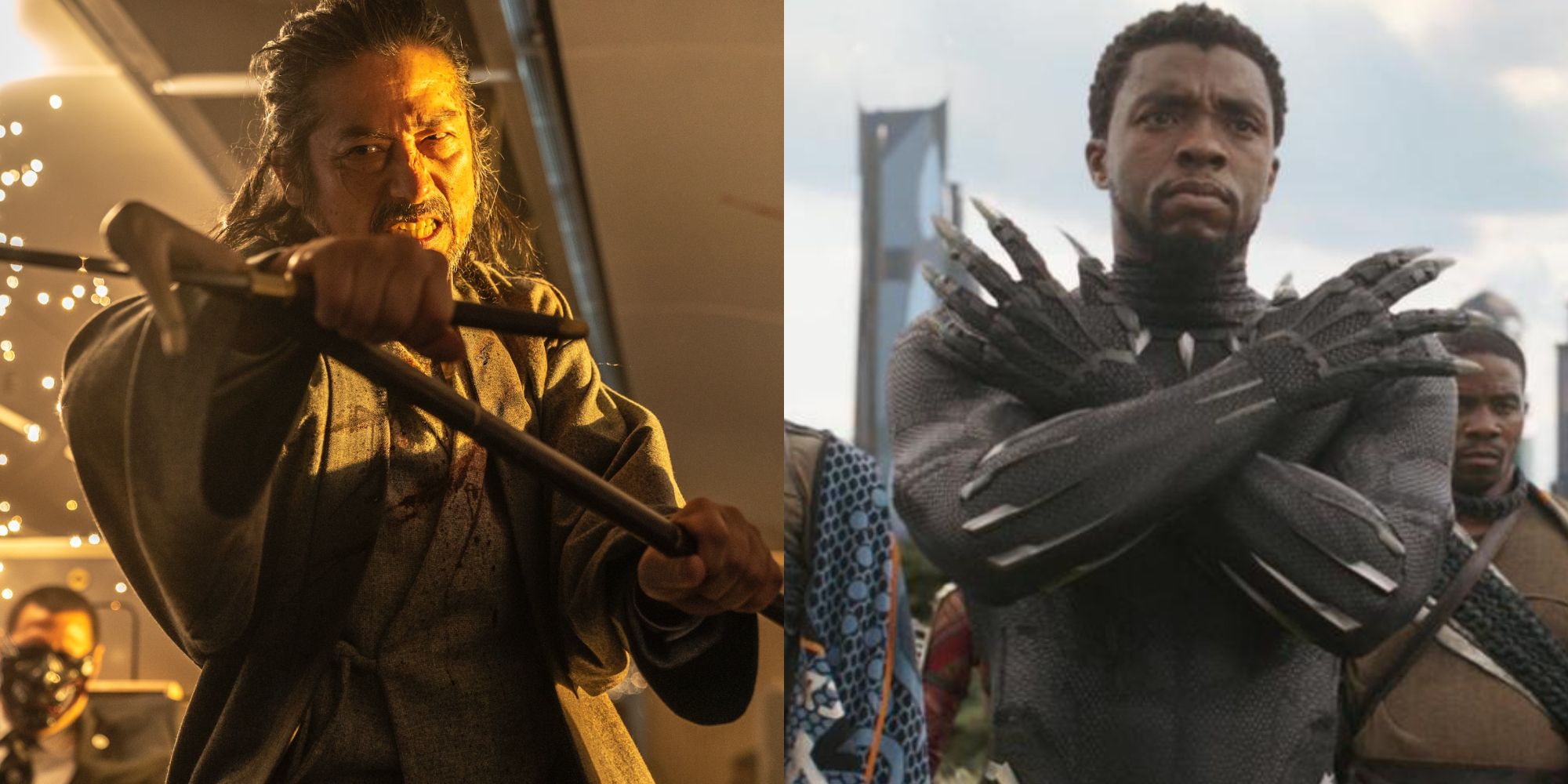 Split images of The Elder fighting in Bullet Train and Black Panther with his claws in Avengers Infinity War