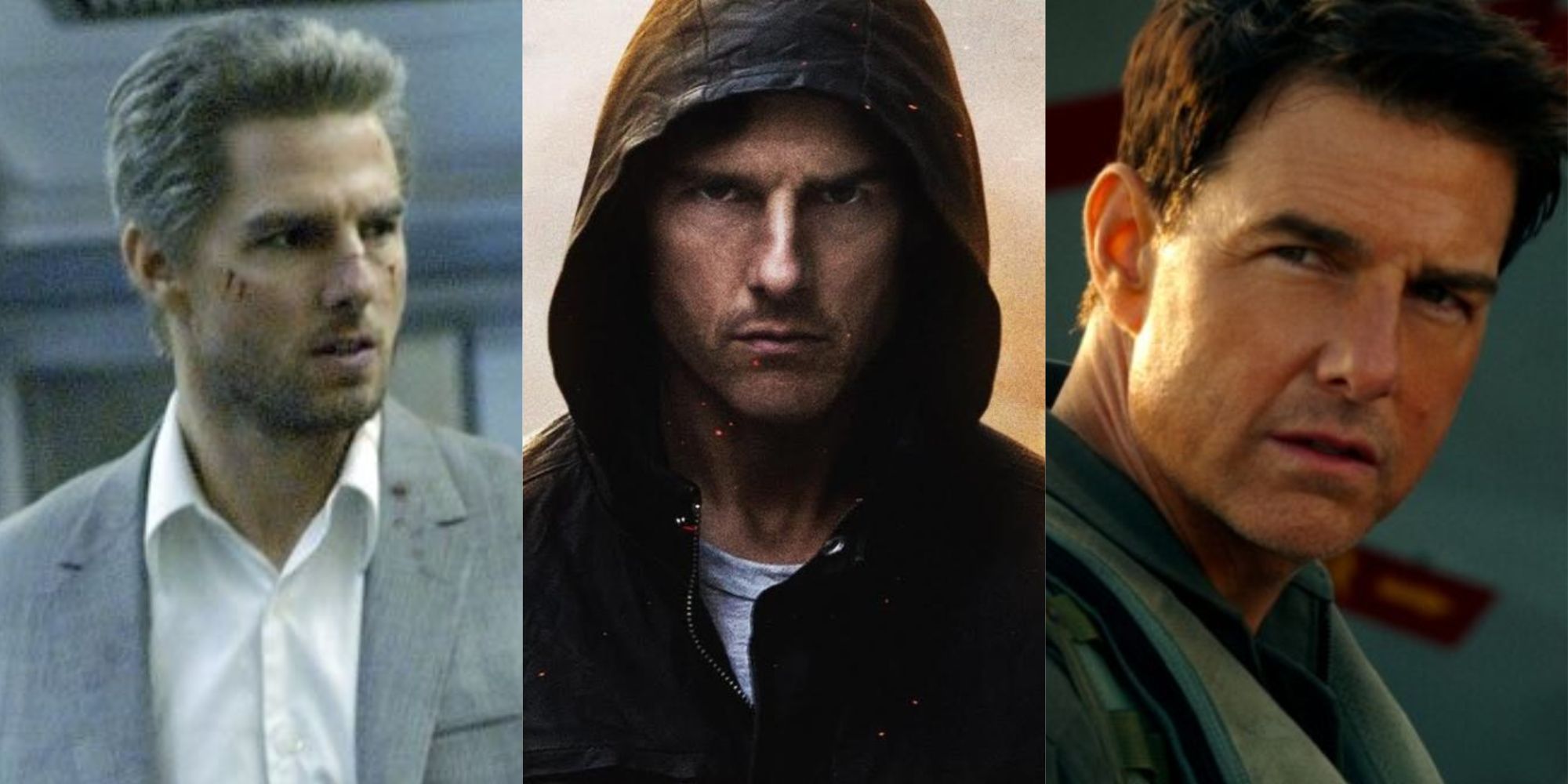Split images of Tom Cruise in Collateral, Mission Impossible, and Top Gun 2