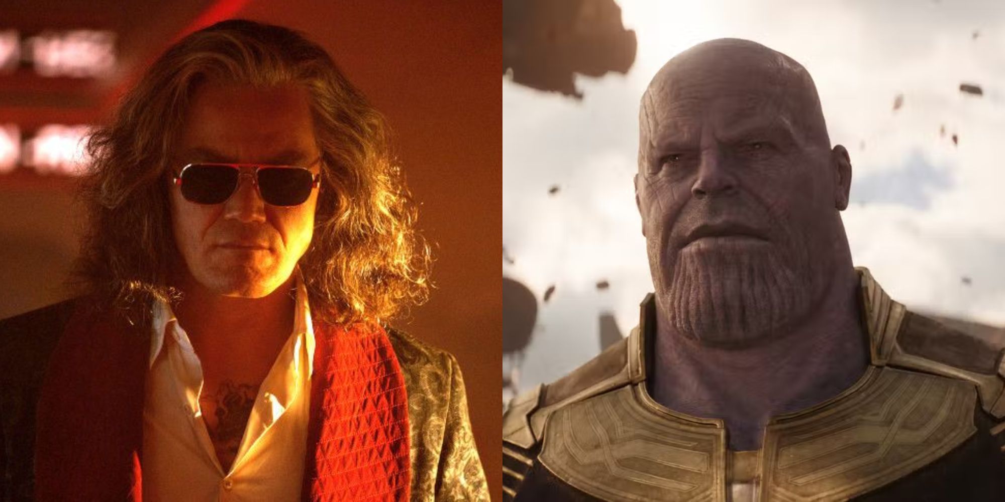 Split images of White Death wearing shades in Bullet Train and Thanos smiling in Avengers Infinity War