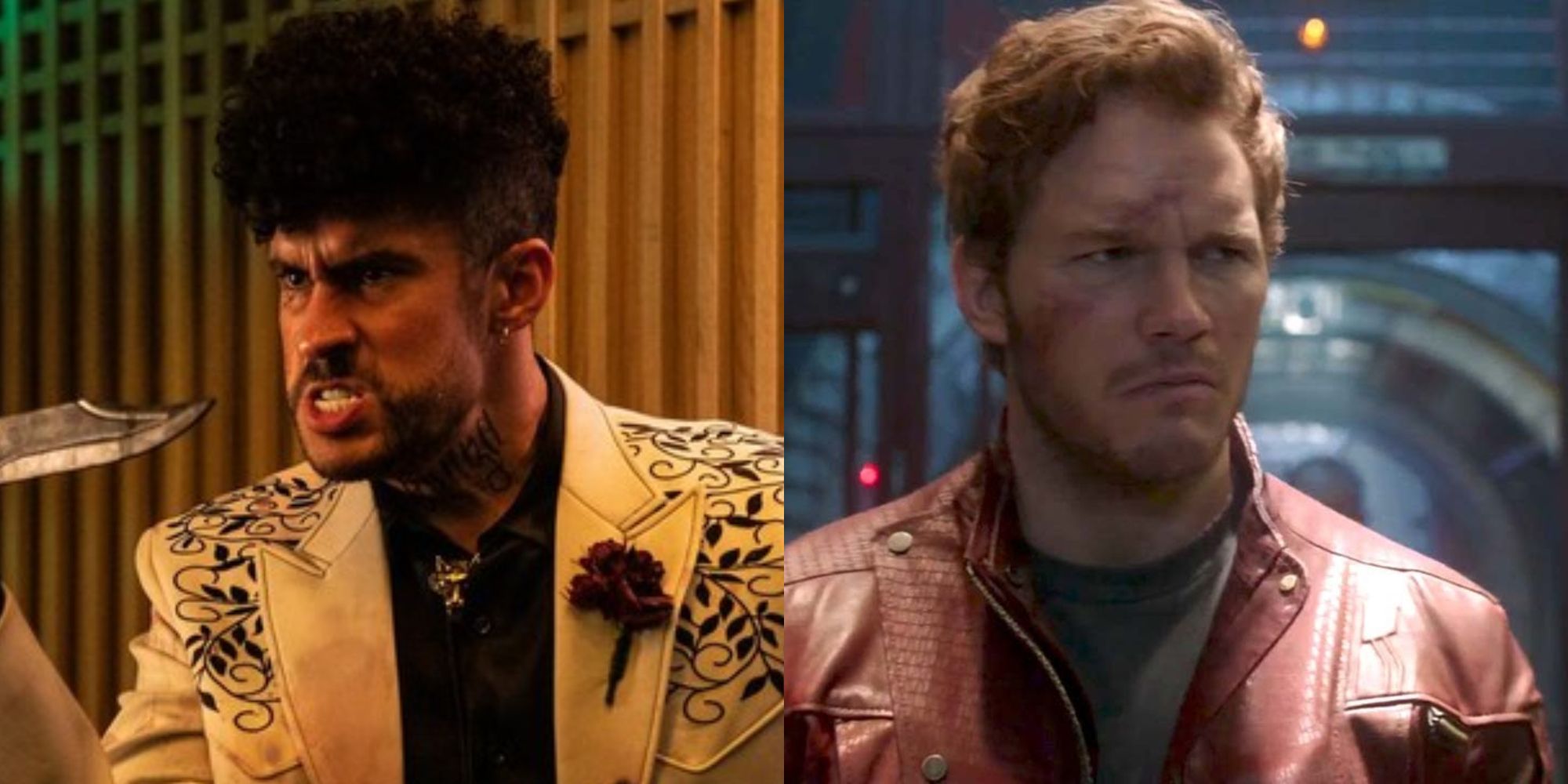 Split images of Wolf with a knife in Bullet Train and Star-Lord looking annoyed in Guardians of the Galaxy