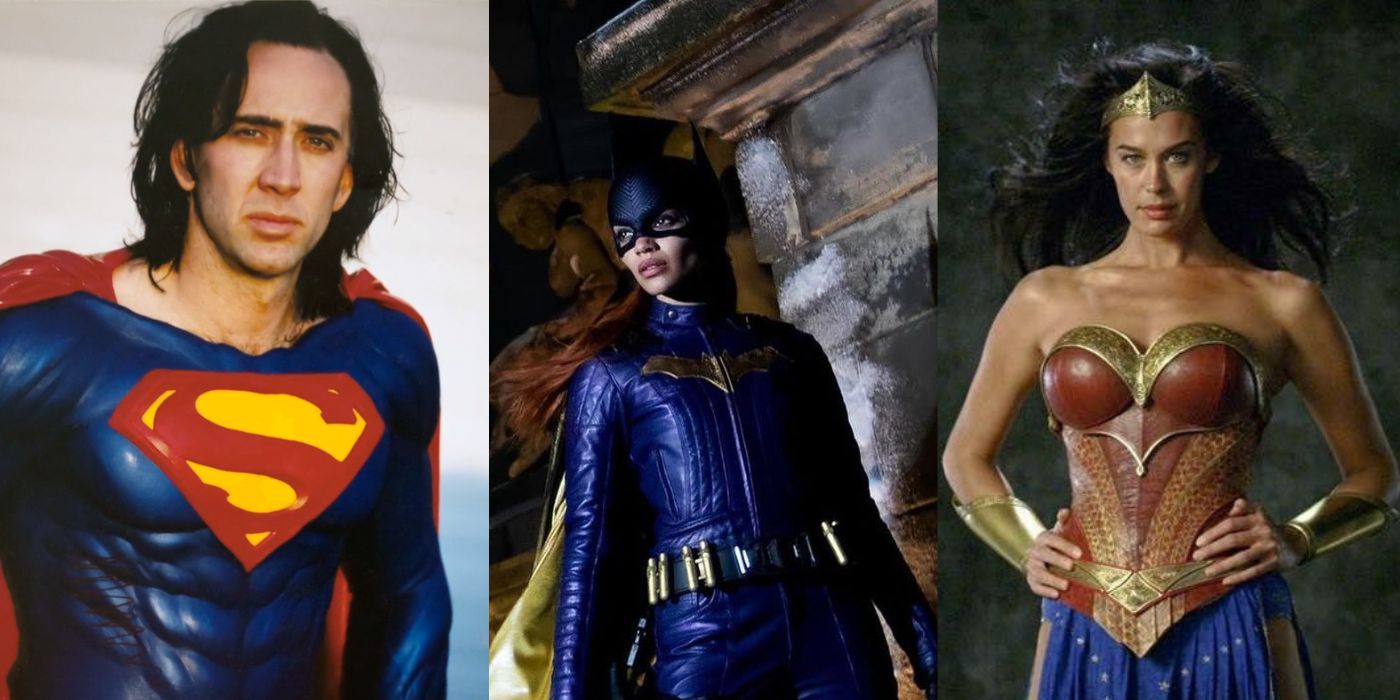 Split images of stills from Superman Lives, Batgirl, and Justice League Mortal