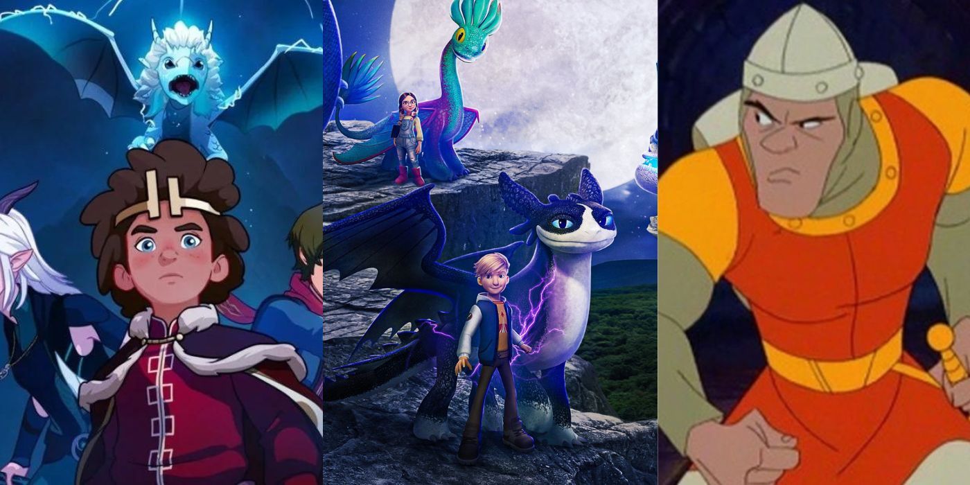 Split images of stills from The Dragon Prince, The Nine Realms, and Dragon's Lair