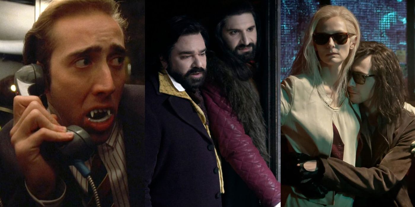 Split images of stills from Vampire's Kiss, What We Do In The Shadows, and Only Lovers Left Alive