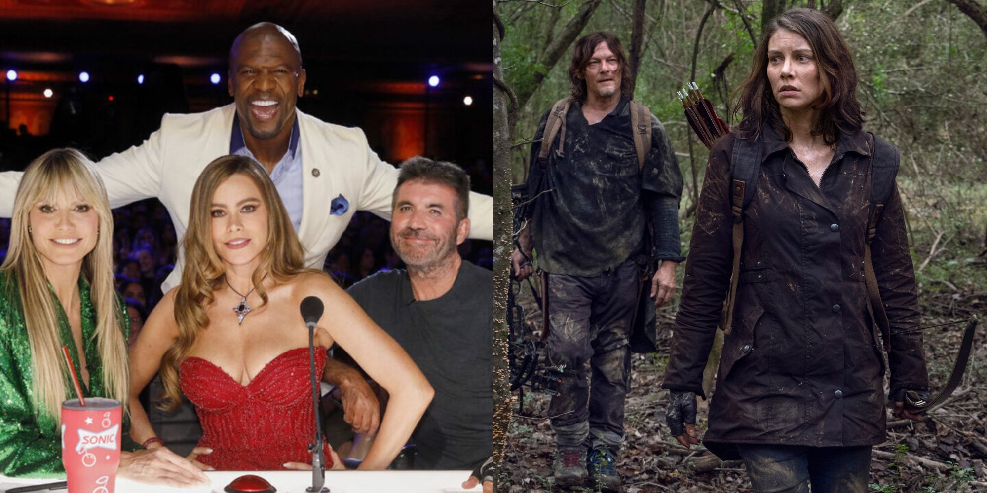 Split images of the judges in America's Got Talent and Maggie and Daryl in The Walking Dead
