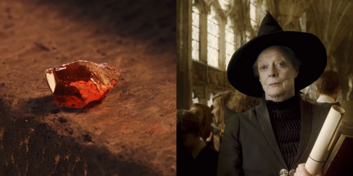 Split imge of the Philosopher's stone and Minerva McGonagall in Harry Potter