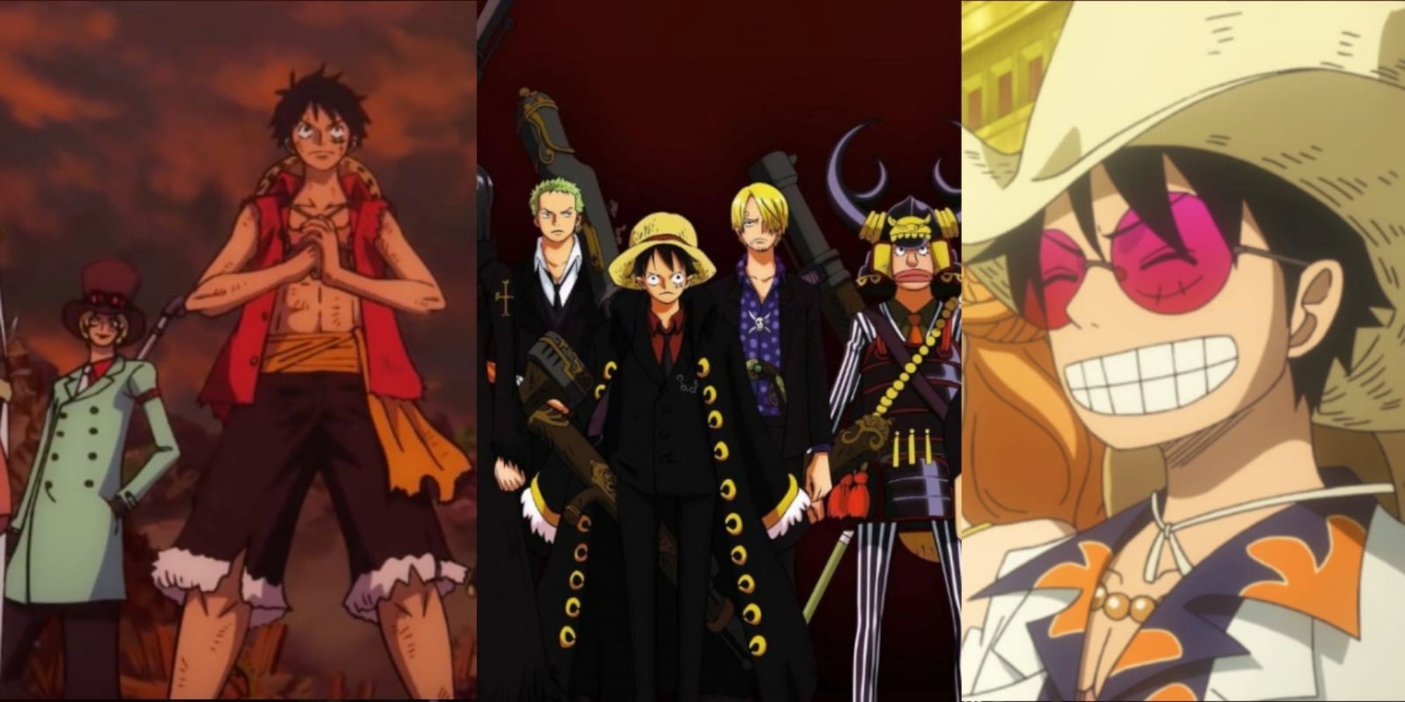 Split Screen Image Of One Piece Films Stampede Strong World And Gold 