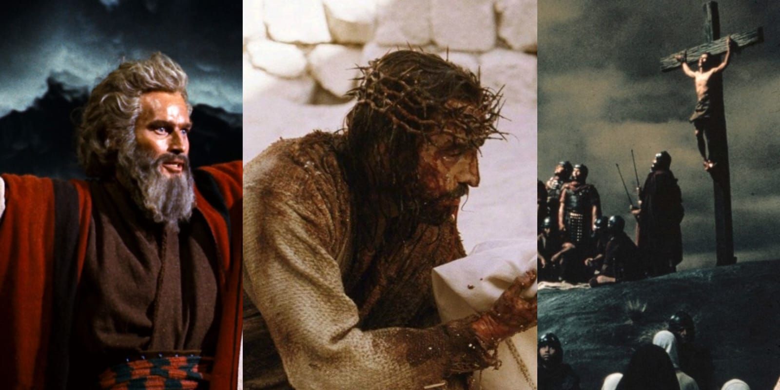 Split screen image of The Ten Commandments, The Passion of Christ, and The Greatest Story Ever Told